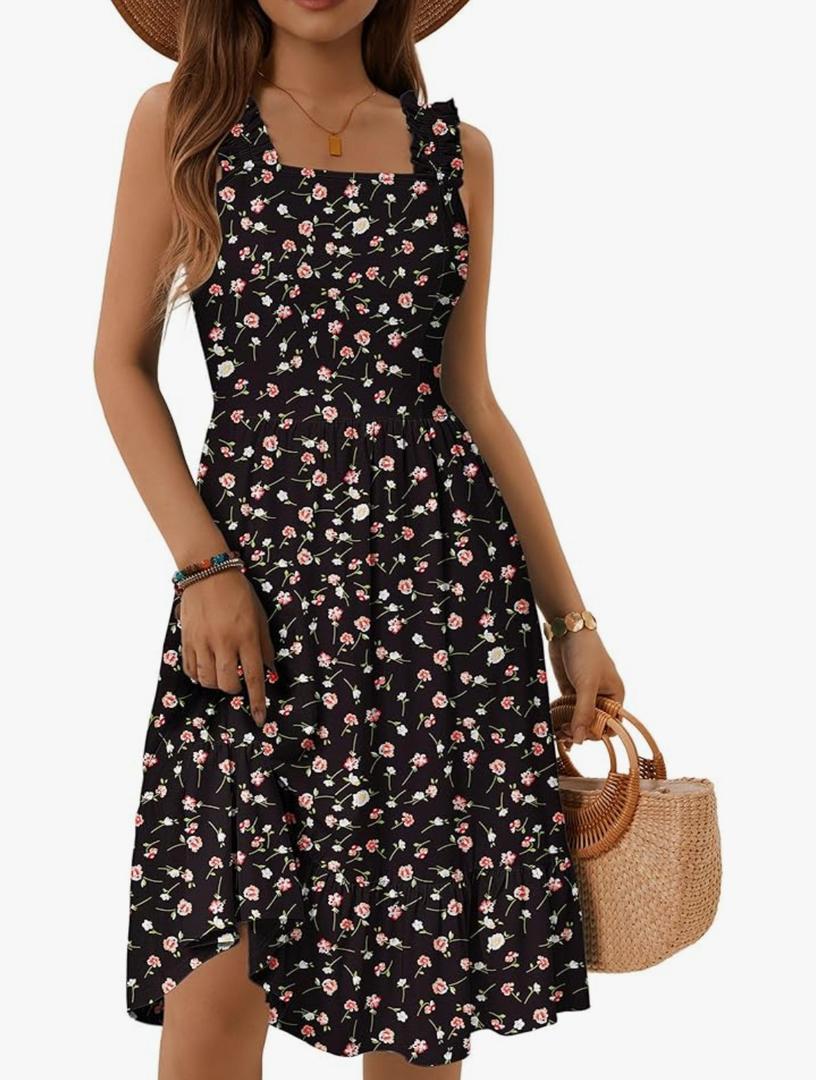 ZABERRY Womens Summer Midi Dress 2025 Elastic Straps Square Neck Cute Floral Flowy A-line Sundresses for Women L