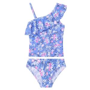 WhizBuzz Girls Bathing Suits Size 10-12 Years Old Blue Purple Flowers Swimsuits Kids Ruffle Swimwear