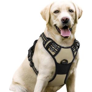 rabbitgoo Dog Harness No Pull with 2 Leash Clips, Adjustable Soft Padded, Reflective Oxford No Choke Pet Vest with Easy Control Handle for Large Dogs, Beige, L
