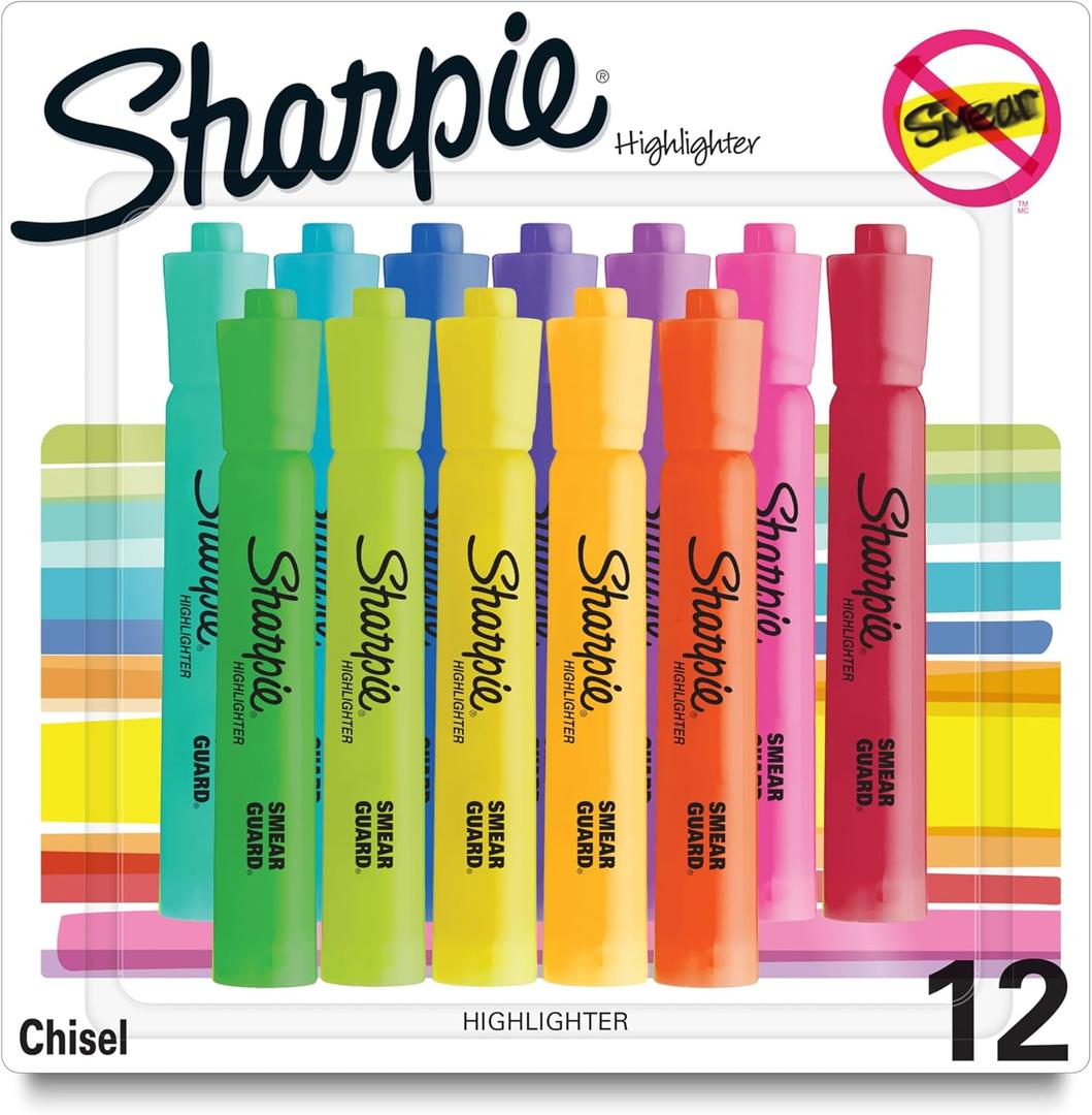 Sharpie Tank Highlighters, Chisel Tip, Assorted Colors, 12 Count - Back to School, Office, Teacher Supplies