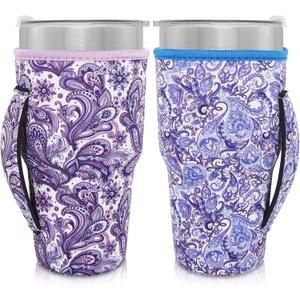 Neoprene Insulated Sleeves Cup Holder with Handle for 30oz - 32oz Tumbler Cups, Reusable Iced Coffee Cup Sleeve For XLarge 38-42oz Coffee cups(Paisley(2 Pack))