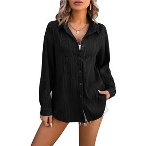 Women Plus Size Button Down Shirts Long Roll Up Sleeve V Neck Collared Casual Blouses Oversized Shirt Tops
 (Size 2XL, Black)