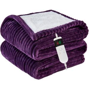 Heated Blanket Electric Throw, Soft Flannel Heating Blanket with 8 Hours Auto Off 10 Fast Heating Levels Machine Washable Sherpa Heated Blanket with Overheating Protection (Throw (50" x 60"), Purple)