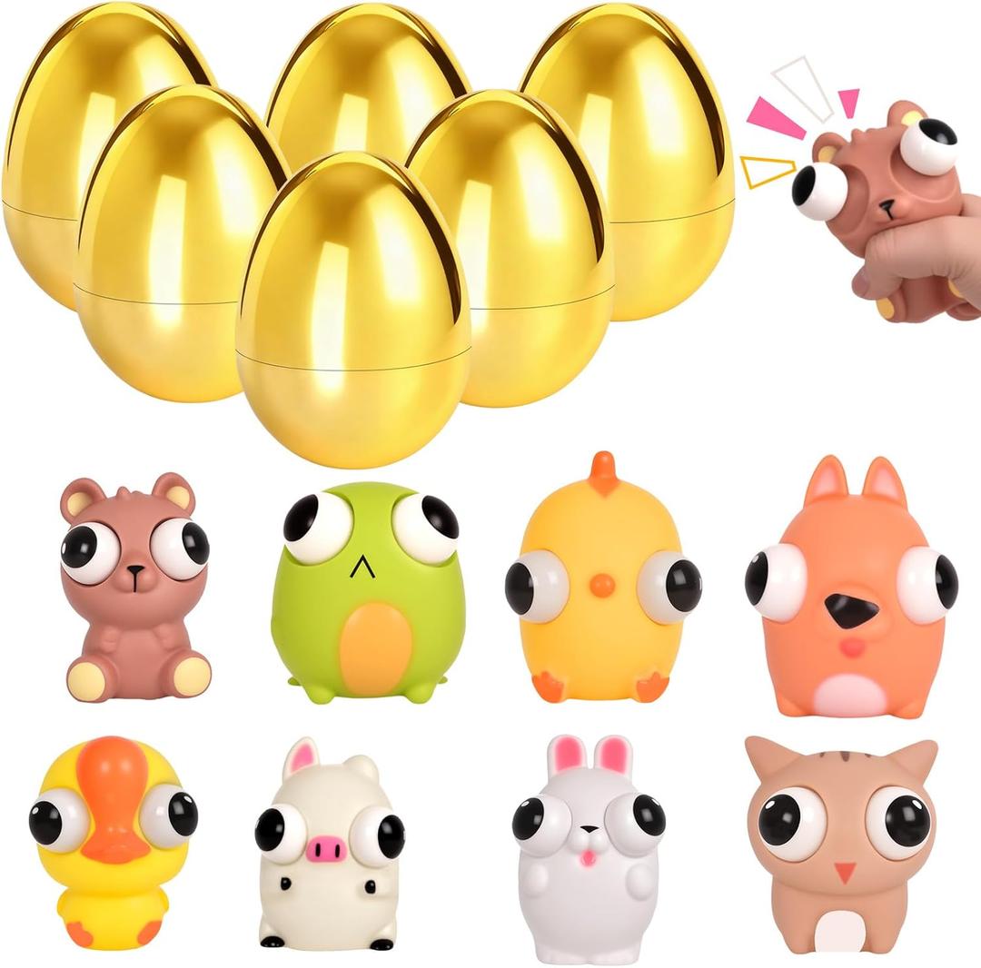 8 Pack Jumbo Golden Easter Eggs Fillers with Popping Eyes Fidget Toys, Squeeze Animals for Stress Relief, Easter Basket Stuffers & Easter Hunt Party Favors Classroom Prize Gifts for Kids