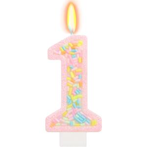 Number 1 Candle with Sprinkles, Pastel Pink Unicorn One Cake Topper, Sweet One Birthday Party Decorations for Girl 1st Birthday
