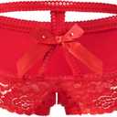 PERAMBRY Women's Lace Stretch Sexy Thong Bikini Panties Bow Tie Breathable Fashionable (Red-0200), Small
