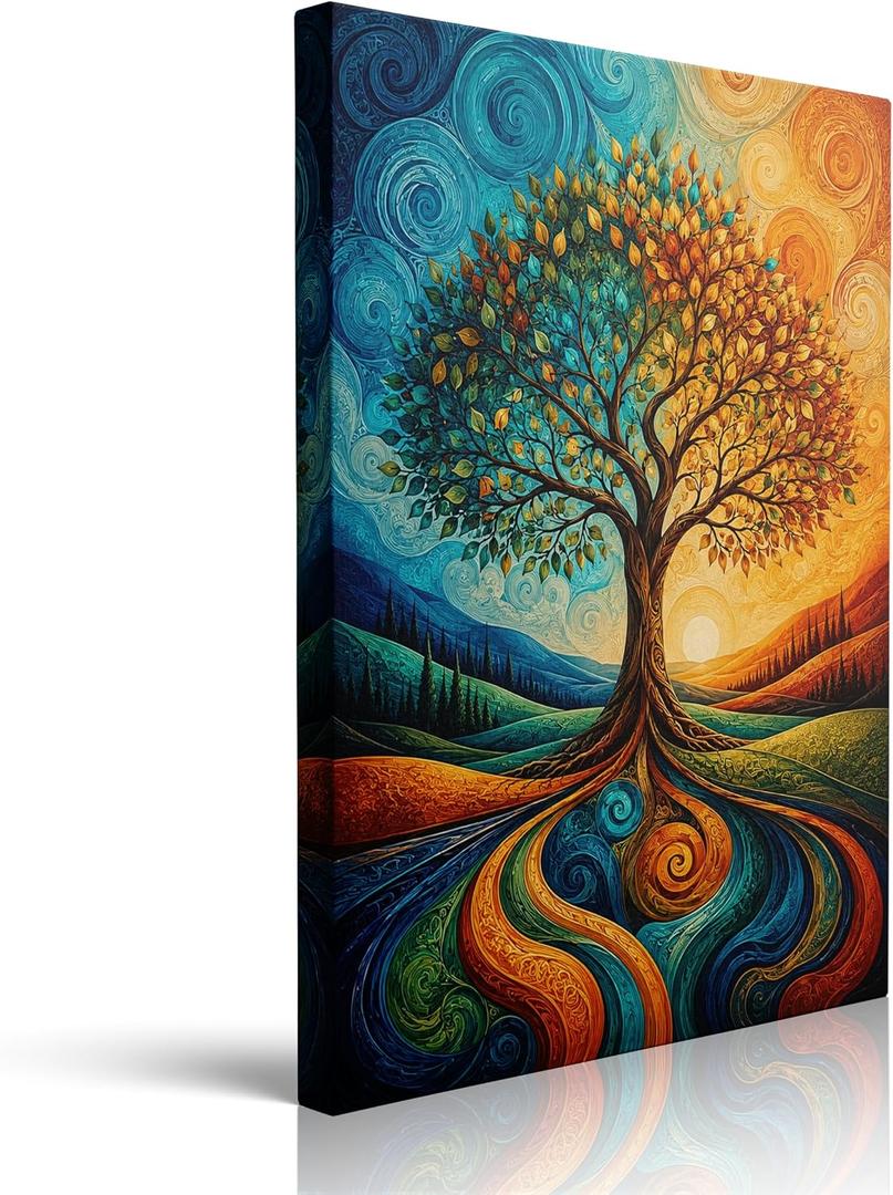 Boho Tree of Life Canvas Wall Art Framed Colorful Nature Decor 16x24 Inch