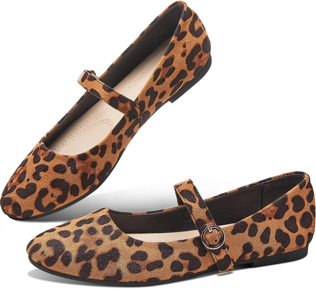 Obtaom Mary Jane Flat Shoes Round Toe Ballet Flats for Women Dressy Fabric Business Flats Comfortable Classic Strap Flats for Office(Leopard,US6)