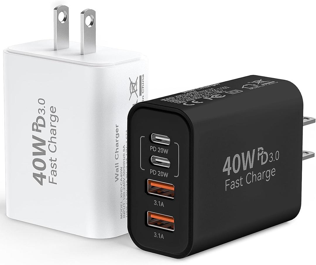 USB C Wall Fast Charger Block, 40W 4-Port Type C Charger Fast Charging Blocks PD Power Charger Adapter+QC 3.0 USB Multiport Charger Brick for Phone 16/15/14/13/12 Pro Max, Pad, Galaxy S24/23-2Pack