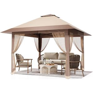 Pop Up Gazebo 13x13 ft Canopy Tent with Mosquito Netting, Outdoor Patio Gazebo with 3 Adjustable Heights, Tent Shelter Quick Setup Backyard Tent for Party,Wedding (Khaki)