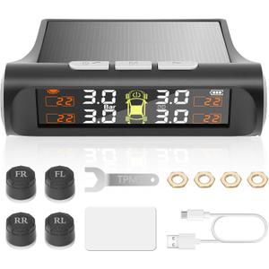 Tire Pressure Monitoring System with Solar Charge,TPMS Tire Pressure Monitor System with 4 External sensors & 5 Alarm Modes, Real Time Monitoring Pressure & Temperature,Suitable for 4 Wheeled Vehicles