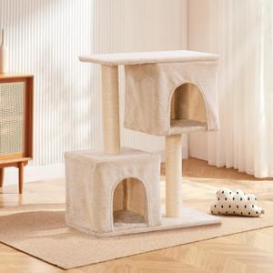 28 Inch Small Cat Tree Tower for Indoor Cats, Cat Condo House with Large Perch, 2 Cat Caves, Scratching Posts, Beige
