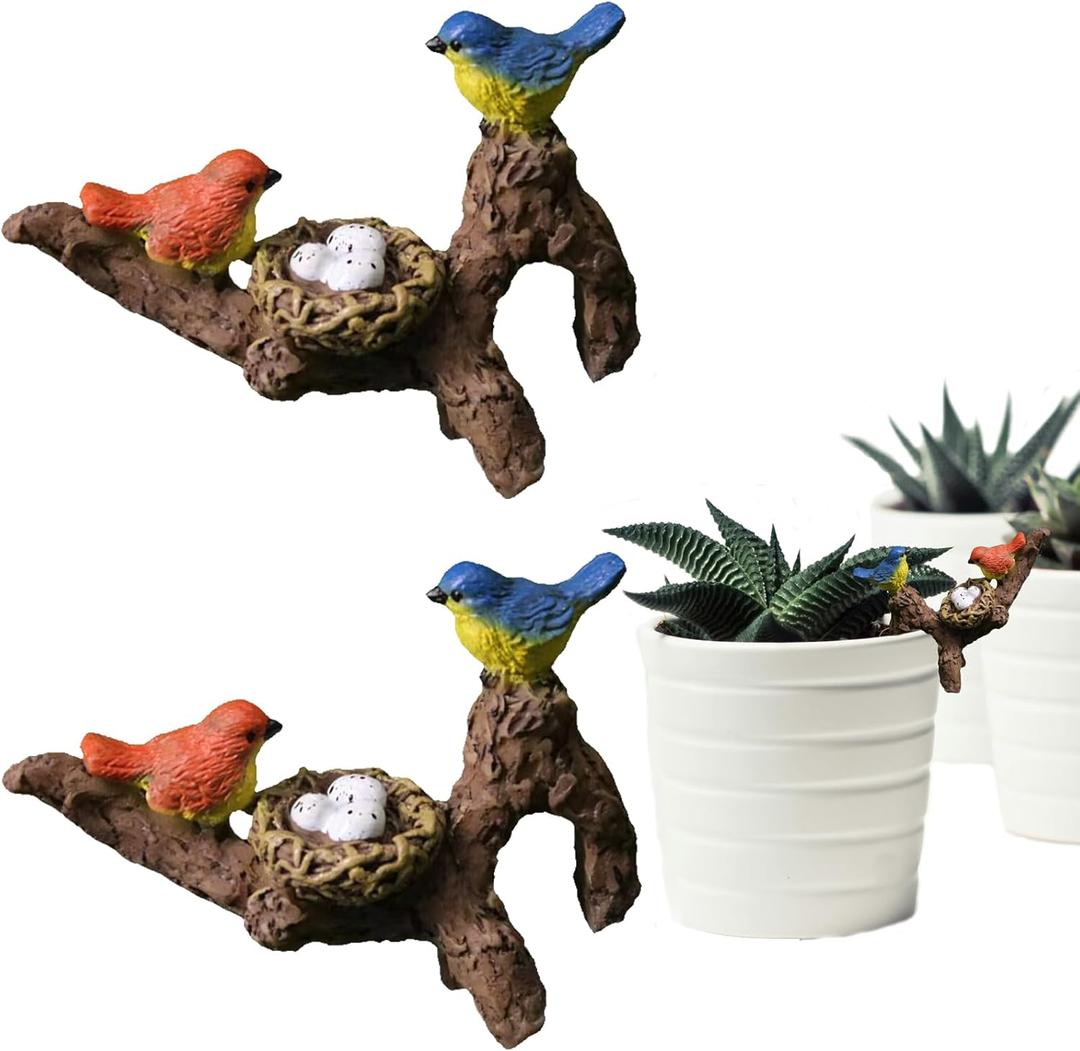 2Pcs Mini Brid Figurines Plant Pot Hang Decor Resin Bird's Nest Sculpture Decoration for Succulent Cactus Pots