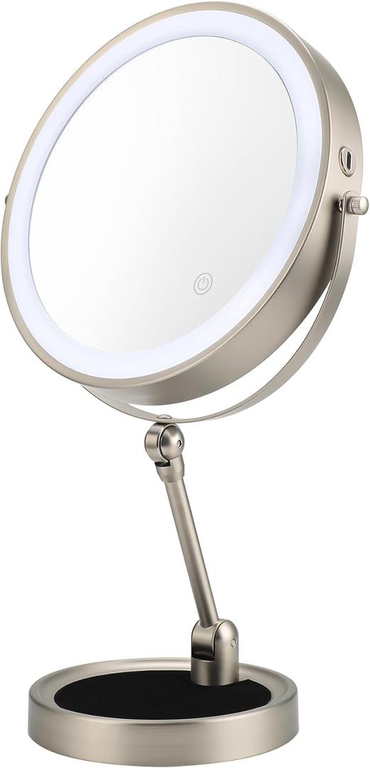MILONT 9" Lighted Makeup Mirror,1X/10X Magnifying Vanity Mirror with Height & Brightness Adjustable,Rechargable Makeup Mirror,360Rotation Double Sided Standing Desk Mirror (Satin Nickel)