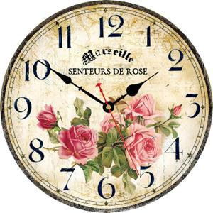 Home Clock 14 Inch Silent Non-Ticking Quartz Movement Wooden Wall Clock Round Battery Operated Indoor Decorative Wall Clocks Vintage French Floral Wall Clock (Pink Roses)