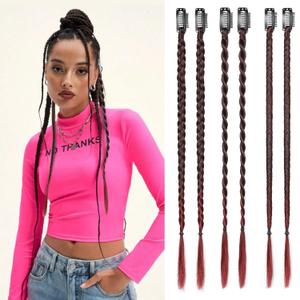REECHO 6PCS Clip in Braid Hair Extensions for Women 14 Inch Clip in Braids Synthetic Braided Hairpieces for Daily Costume Party, Burgundy Red