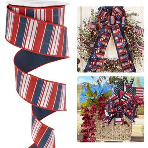 HUIHUANG Red White Blue Plaid Wired Ribbon 2.5 inch Patriotic Checkered Dupioni Ribbon for 4th of July Gift Wrapping Bow Making Wreaths DIY Craft Holiday Decorations - Continuous 10 Yards