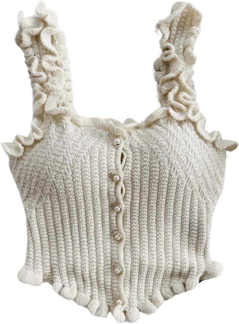 GORGLITTER Women's Pearl Knit Crop Tops Beaded Asymmetrical Button Down Sleeveless Sweater Vest (Medium, Apricot)