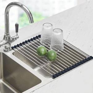 Seropy Roll Up Dish Drying Rack Over The Sink Drying Rack for Kitchen Counter, Folding Dish Rack Over Sink Mat, Stainless Steel Dish Drainer Rack Kitchen Sink Organizer Accessories 17.5"x13.7" (Black)