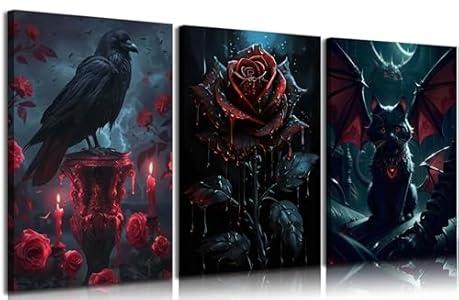 3pcs Vintage Gothic Canvas Wall Art Dark Academia Pictures Wall Decor Spooky Dark Rose Posters Prints Paintings for Bedroom Living Room Artwork Home Decoration Prepare To Hang