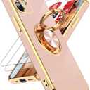 LeYi for iPhone 12 Mini Phone Case: 2 Pack Tempered Glass Screen Protector and 360 Rotatable Ring Holder Magnetic Kickstand, Plating Rose Gold Edge for iPhone 12 Mini Case, Pink