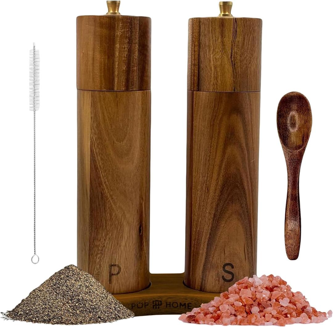 Wooden Salt And Pepper Grinder Set - 8 Acacia Mills, Adjustable Ceramic Core, Refillable Wood Salt and Pepper Shakers With Tray, Spoon & Brush