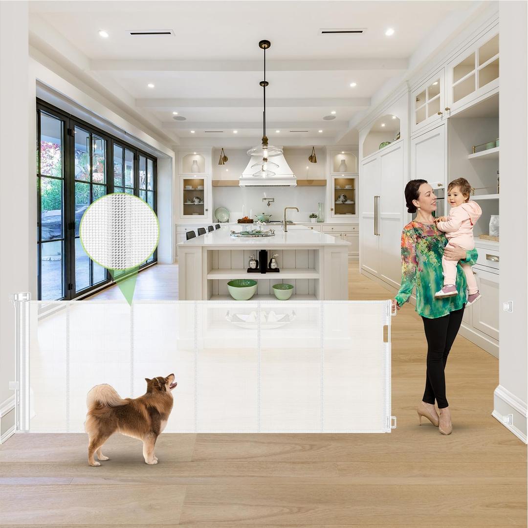 Reinforced 120 Inch Extra Long Retractable Baby & Dog Gate with Support Rods Prevents Crawling Under, 10 Ft Wide for Large Openings, Indoor/Outdoor Gate, White