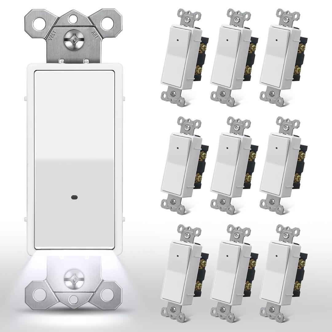 CML 10 Pack Single Pole Illuminated Light Switch with Cool White LED Nightlight, Decorator Paddle Rocker Wall Lighted Switch, Automatic On/Off Sensor, 15A 120V, ETL Listed, White
