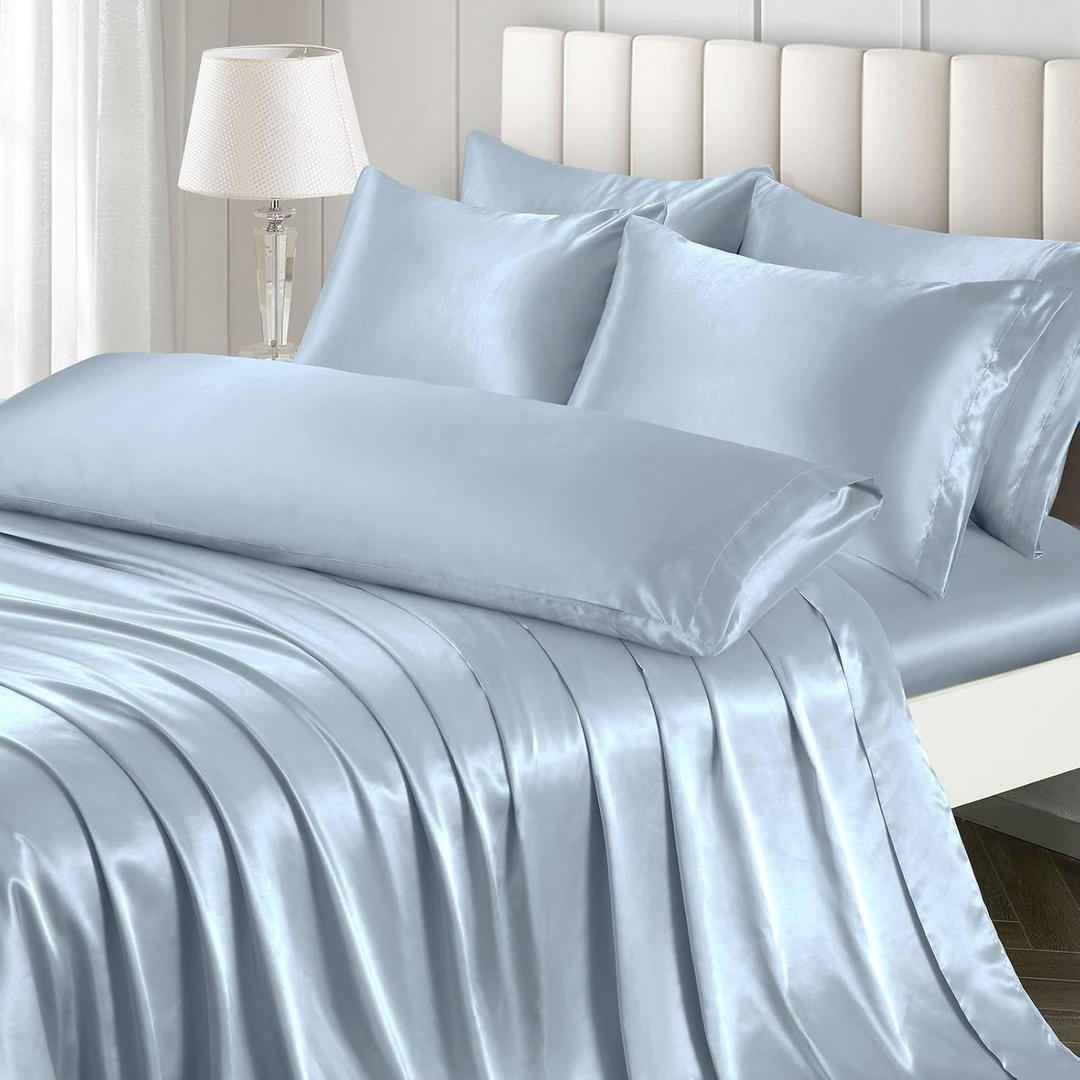 Ersmak 7 Pieces Satin Sheets Set Queen Size, Luxury Silky Light Blue Satin Bed Sheets Set with 1 Deep Pocket Fitted Sheet, 1 Soft Flat Sheet, 4 Queen Pillowcases and 1 Body Pillowcase