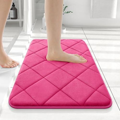 OLANLY Memory Foam Bath Mat 24x16, Ultra Soft and Absorbent Bathroom Rugs, Machine Washable, Comfortable Bath Carpet for Bathroom Floor, Tub and Shower, Deep Pink