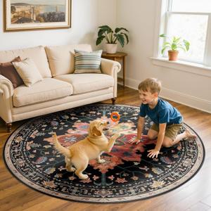Area Rugs 6ft Washable Non-Slip, Floral Vintage Distress Print Pattern Medallion Carpet for Living Room Bedroom Dining Room, Black Colorful Floral Dark Tan