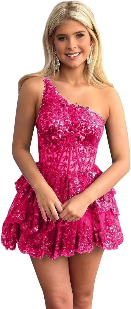Sparkly Sequin Lace Homecoming Dresses One Shoulder Prom Cocktail Party Dress Short for Teens VT051 (2, Hot Pink)