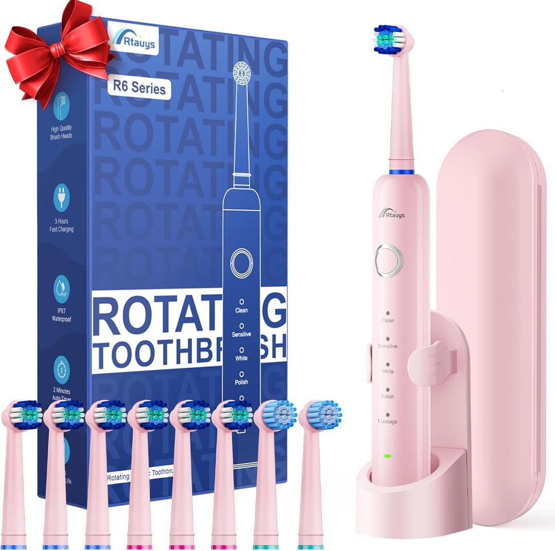 Rtauys Rotating Electric Toothbrush for Adults with 8 Brush Heads (2 Types), 5 Modes Rechargeable Power Toothbrush with Travel Case and 2 Minute Smrte Timer (Pink)