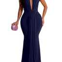 Memoriesea Women's Elegant Sleeveless Deep V Neck Bodycon Party Evening Gown Maxi Dress Dark Navy XL