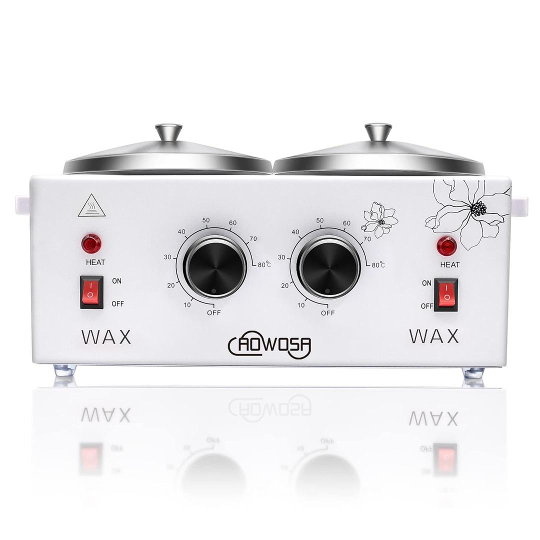 Double Wax Warmer Professional Electric Wax Heater Machine for Hair Removal, Dual Waxing Pot Paraffin Facial Skin Body SPA Salon Equipment with Adjustable Temperature Set (White-Double Pot)
