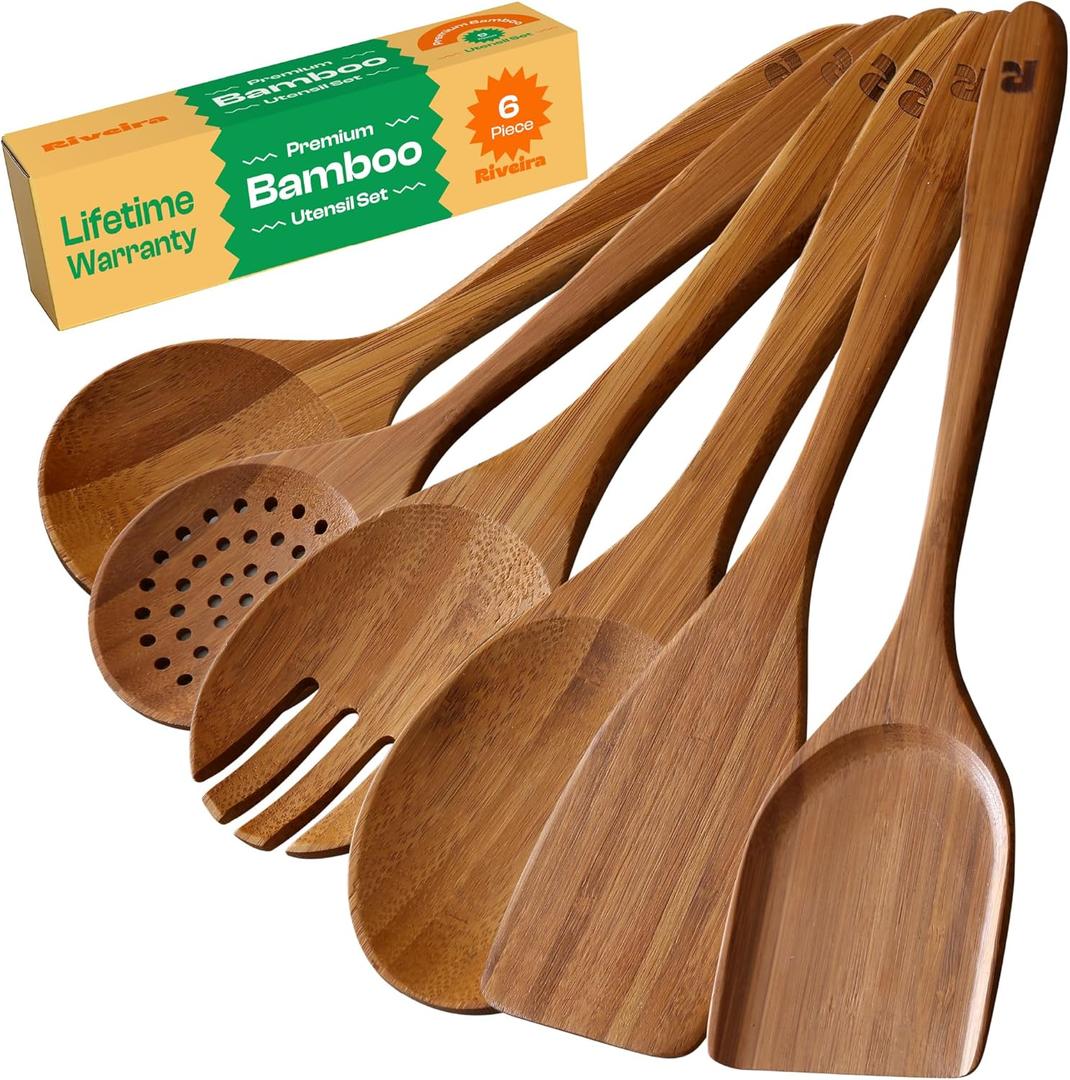 Riveira Brown Bamboo Wooden Cooking Utensils Set of 6 Premium Quality, Non-Toxic, Heat-Resistant Wooden Spoons and Spatula for All Cookware