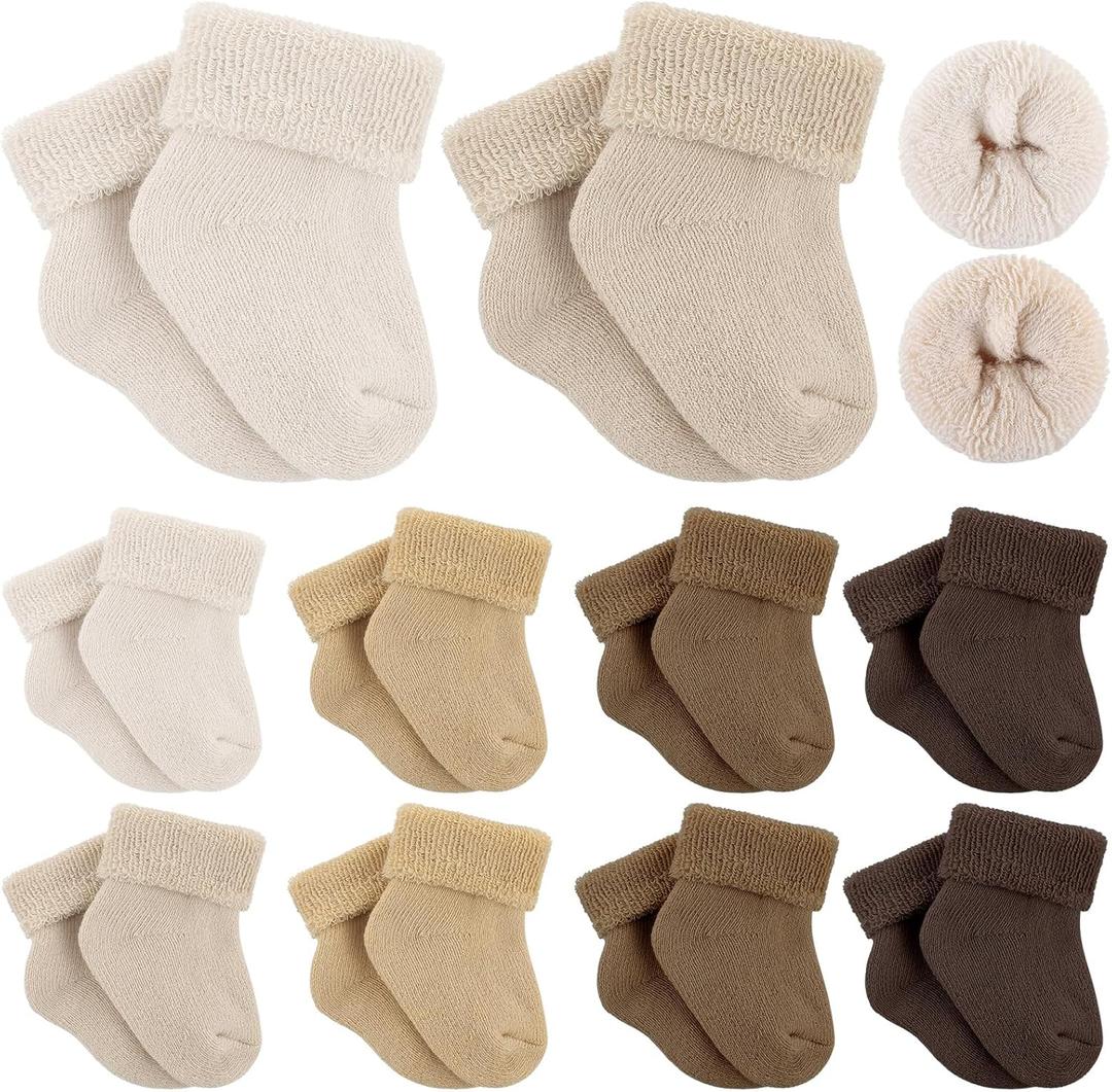 Twistover 10 Pairs Preemie Baby Terry Cotton Turn Cuff Socks for Newborn Girls Boys - Nicu(Maillard Color, Preemie)