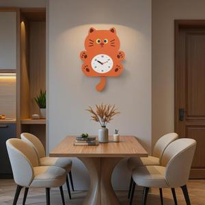 Cute Cat Shaped Wall Clock, Decorative Pendulum Clock for Kids' Room Bedroom Living Room, Silent Non-Ticking Quartz Battery Operated Clocks, Cartoon Wall Watches for Home Decoration
