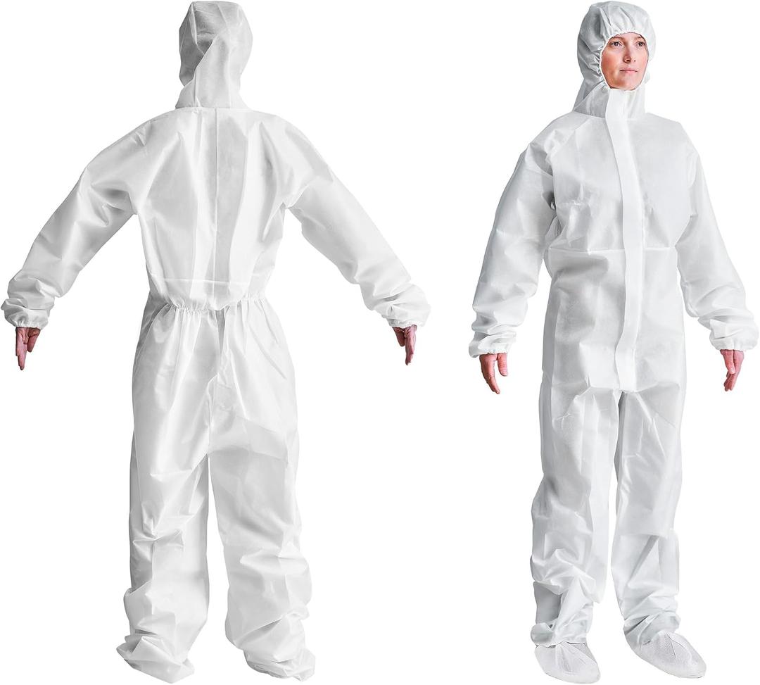 AMZ Medical Supply Disposable Coveralls, White SMS 60 GSM, XXX-large, Pack of 5, Hooded Full Body Suit with Boots, Elastic Wrists, Lightweight Unisex Work Jumpsuit
