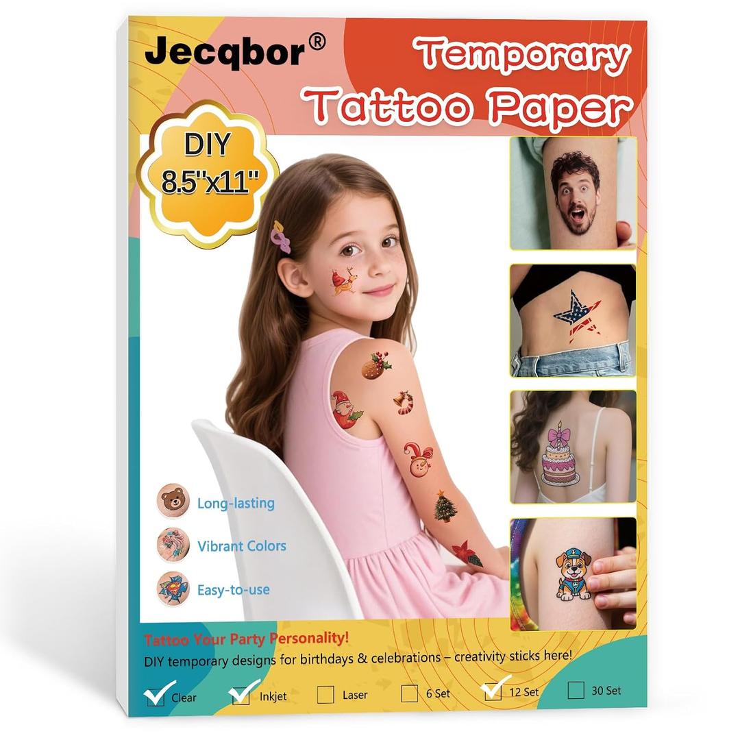 Printable Temporary Tattoo Paper for INKJET Printer, 12-Sets Custom Tattoo Printer Sticker 8.5X11", DIY Personal Clear Transfer Paper for Kids, Family, Christmas, Birthdays, Parties, Festivals