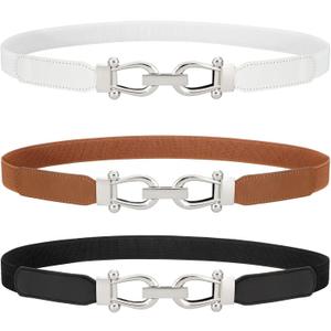 WERFORU 3 Pack Women Skinny Elastic Waist Belt Gold Buckle Stretchy Thin Belt for Jeans Dress (Black+Brown+White-Silver Buckle)