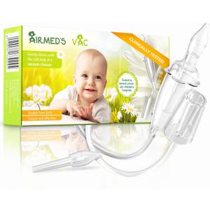 Airmed's Vac Nasal Aspirator Baby. CLINICALLY Tested, Safe and Gentle. Baby Nose Sucker with 2 Suction Heads and Cleaning Brush. Safe and Gentle Baby Nasal Aspirator with Strength of a Vacuum Cleaner