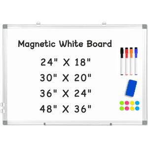 Double-Sided Magnetic Whiteboard, 24" x 18" Dry Erase Board Aluminum Frame for Wall, White Board Marker Board for Kitchen, Memo, School, Home, Office