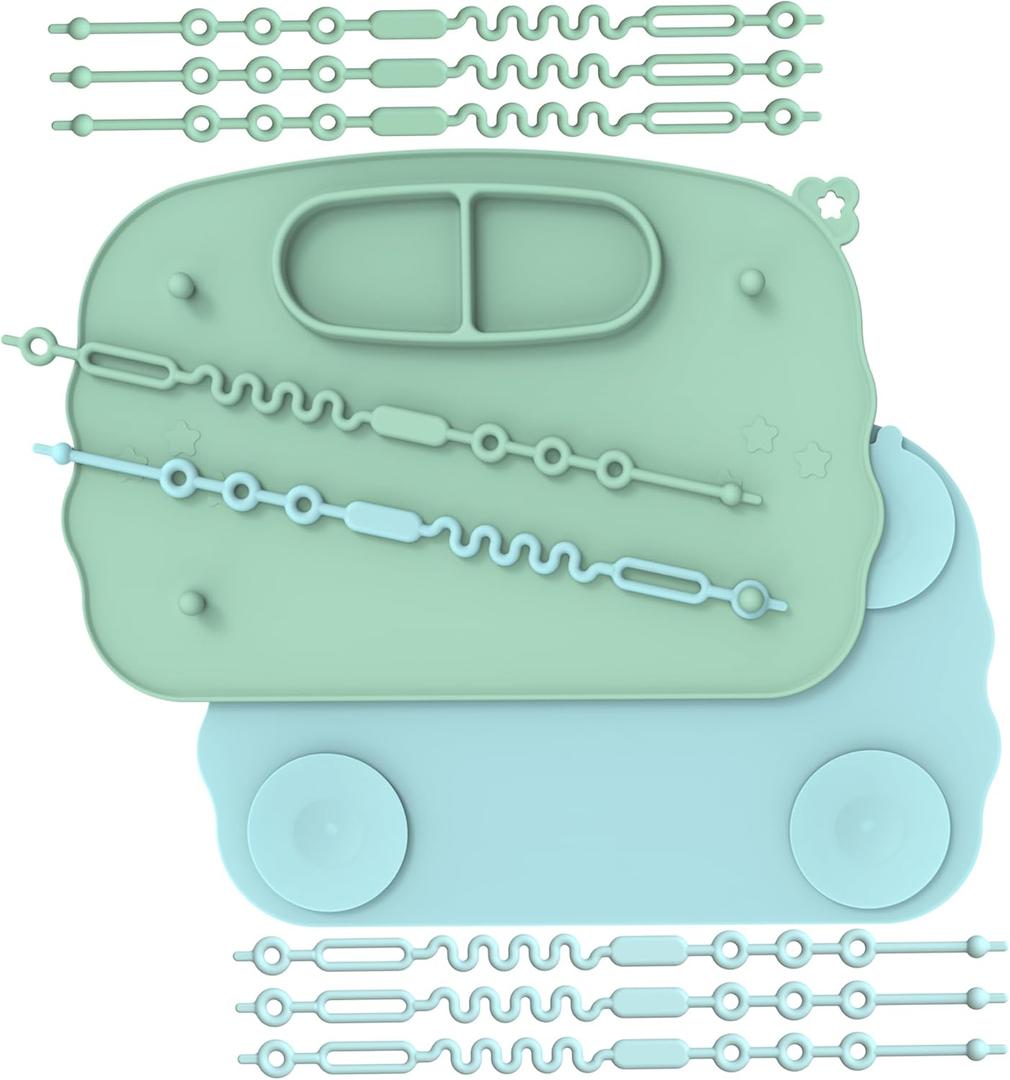 Baby Placemats for Weaning Babies - 2 Silicone Toddler Placemat with 4 Strong Suction Cups & 8 Stretchable Straps | BPA-Free Baby Table Mat for Restaurants, Dining Table & Toddler Mealtime (Blue Green)