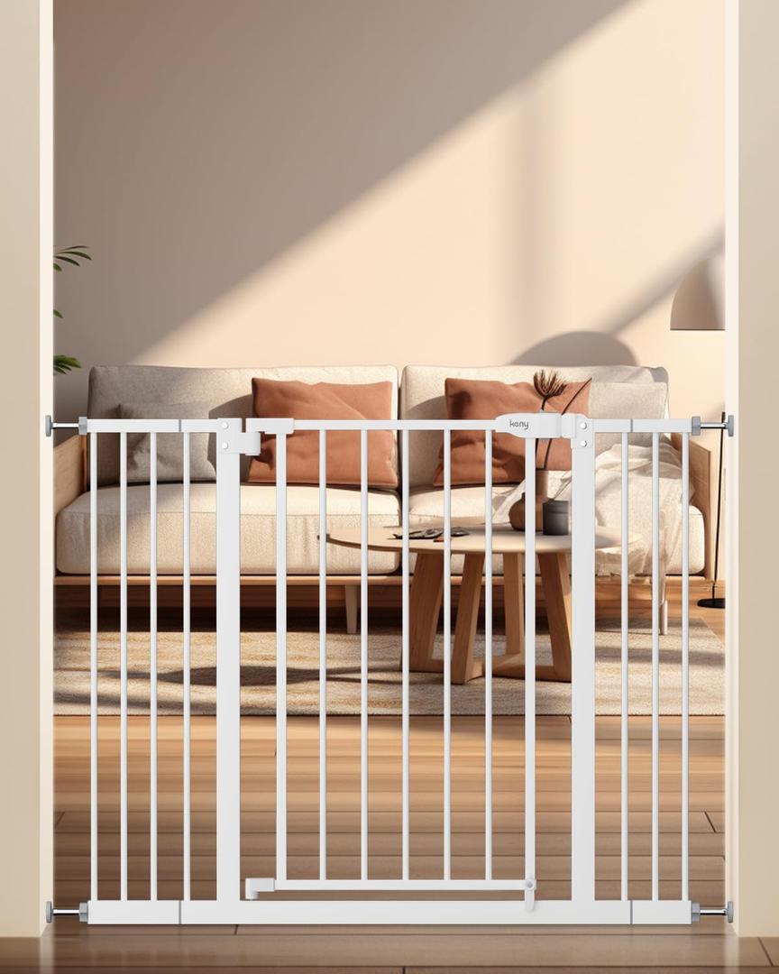 keny 29"-42.5" Baby Gate for Stairs, Auto Close Safety Dog Gate | Pressure Mounted Easy Walk Through Pet Gate for Doorways, Durable Stair Gate, 30" Tall, White