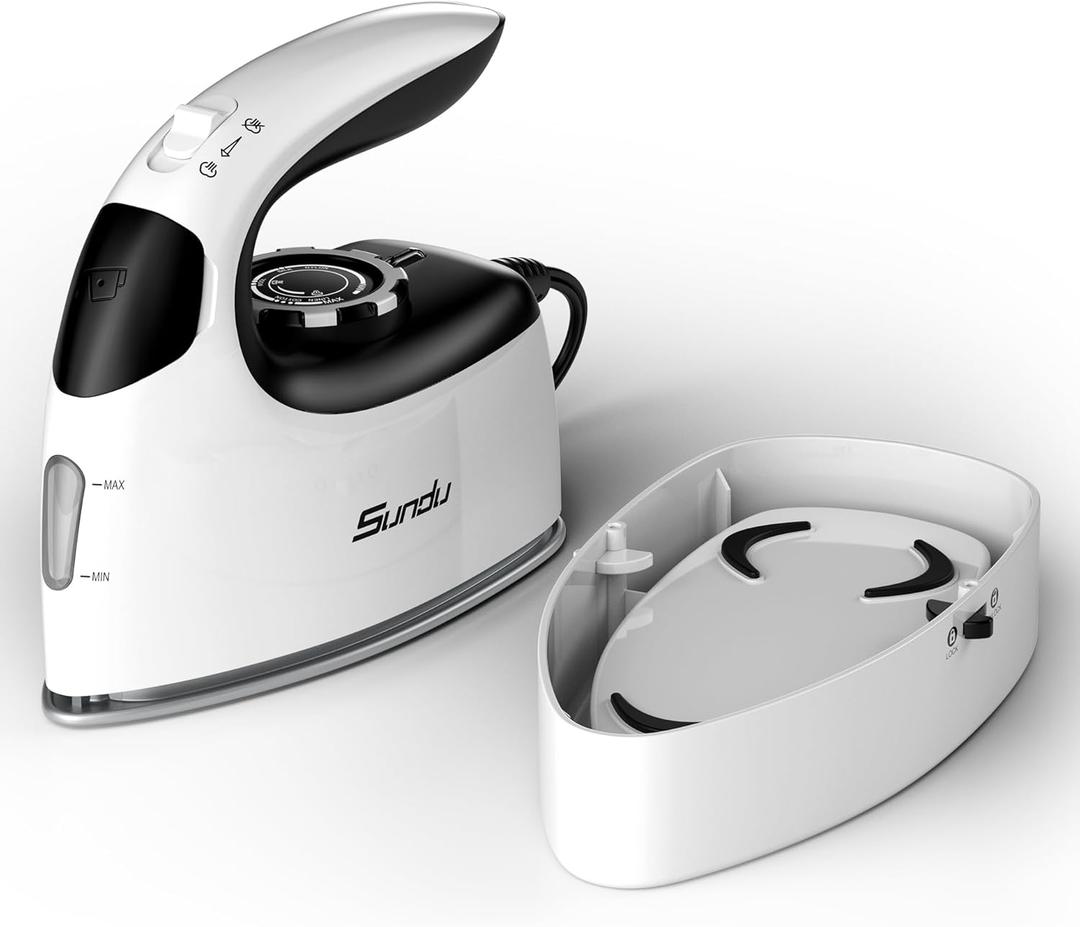 Sundu Small Steam Iron for Clothes, 1000W Travel Iron Portable with Silver Non-Stick Soleplate, 300 Microsteam Holes & 90ml Tank, Lockable Base for Quilting & Sewing (Silver) (Black and White)
