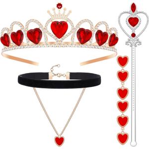 party greeting Valentine's Day Queen Costume Accessories Valentines Party Accessories Gold Queen Crown Headband Choker Wand Red Hearts Earrings Costume Kit for Valentine's Day Cosplay Carnival