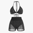 Women Sparkle Rhinestone Mesh Sheer Bikini Sets Halter Bra Top High Waist Shorts Bottom Swimsuits Rave Outfit Size L