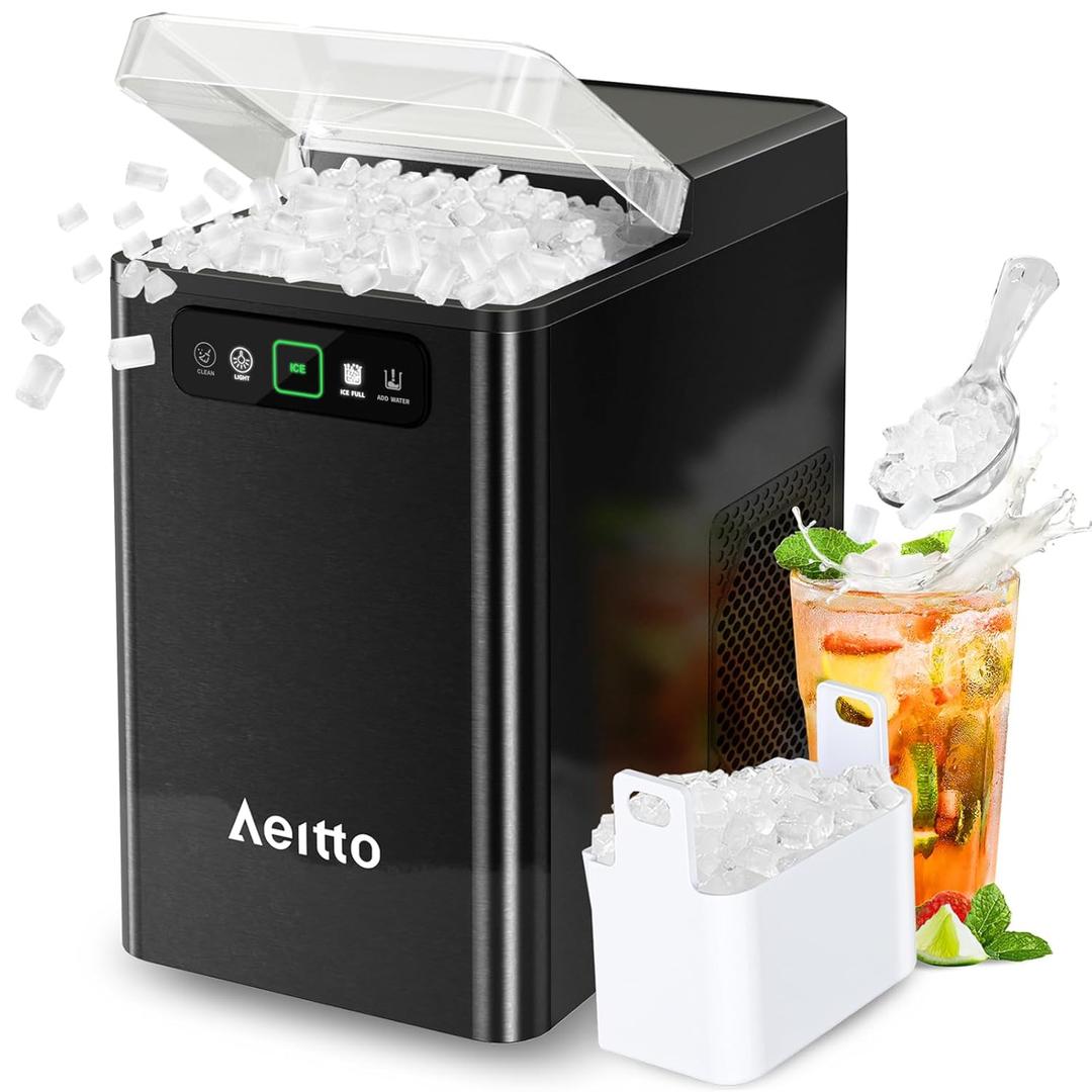 Aeitto Nugget Ice Maker 40Lbs/24H, Countertop Soft Chewable Ice Pebble Ice Machine, One-Click Operation, Auto Self-Cleaning Ice Makers with Scoop&Basket for Home, Office, Kitchen, Party (Black)