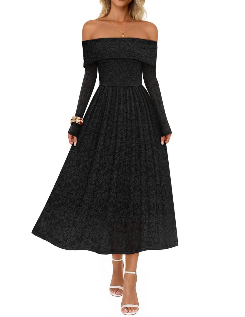 MEROKEETY Women's 2025 Fall Long Sleeve Floral Midi Dress Off Shoulder Wedding Guest Formal Long Flowy Dresses, Black, Small (Black)
